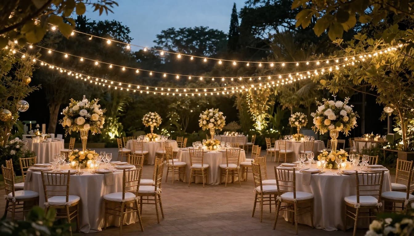 Événement en extérieur avec guirlandes lumineuses et décoration dorée